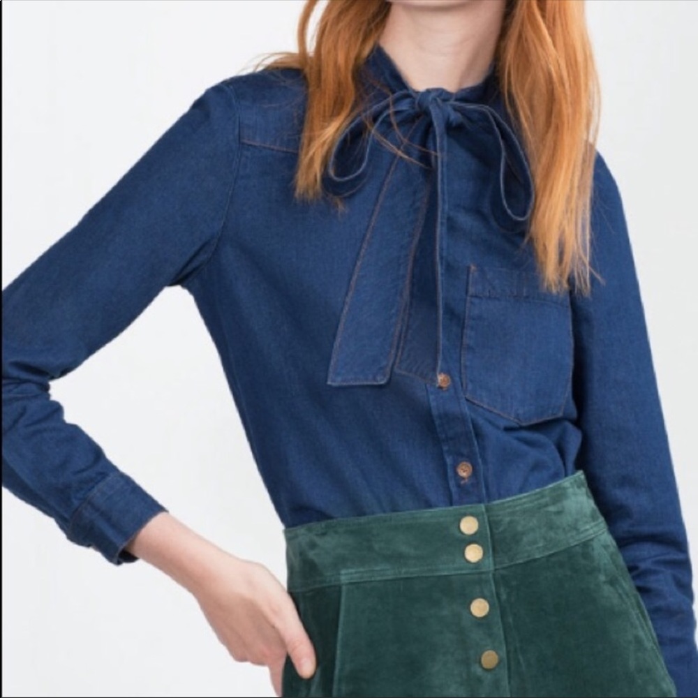 Zara Denim Bow Button Down Top